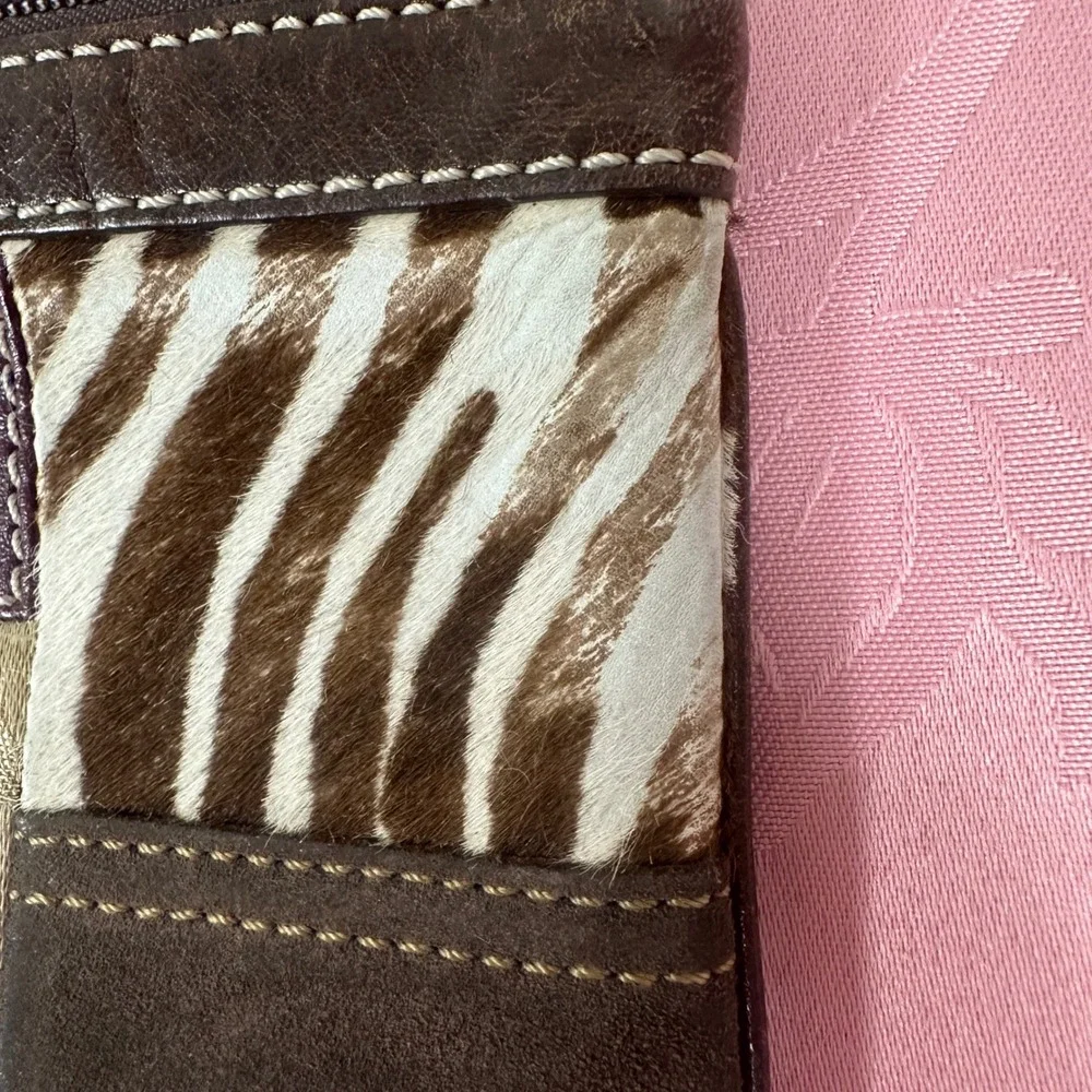 Coach Patchwork Wristlet Bag Leather Suede Zebra Hair Calf Brown Multi